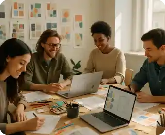 Design workshop with laptops and sketches